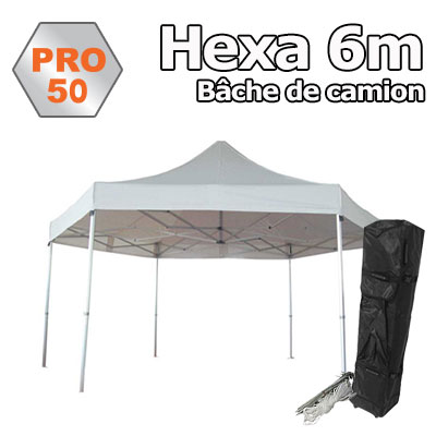 Tente pliante hexa 6m PRO50 BACHE CAMION Blanc 100% PVC 520gr